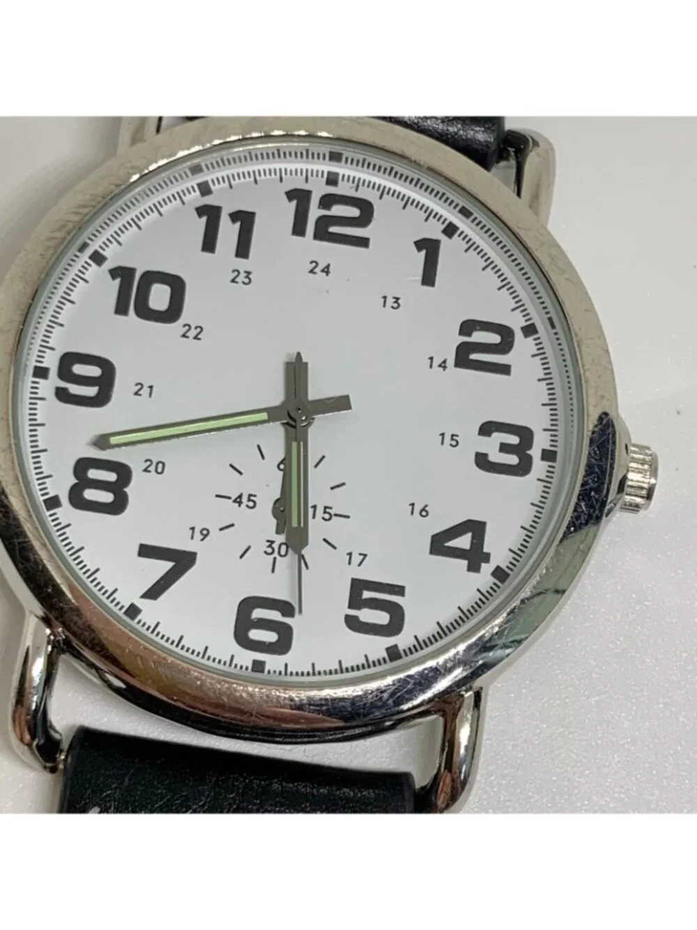 SilverTone tone men’s watch 42mm quartz analog white dial black leather running